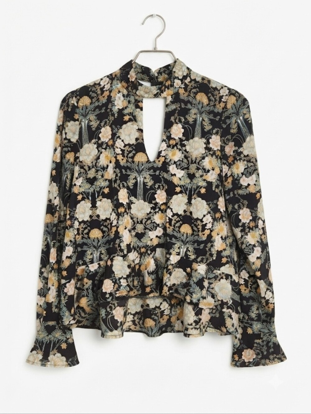 HOMMAGE Black Floral Keyhole Long-Sleeve Blouse Size L